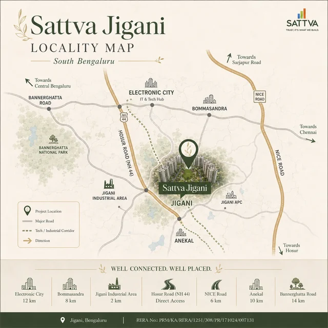 Sattva Jigani location map showing nearby landmarks